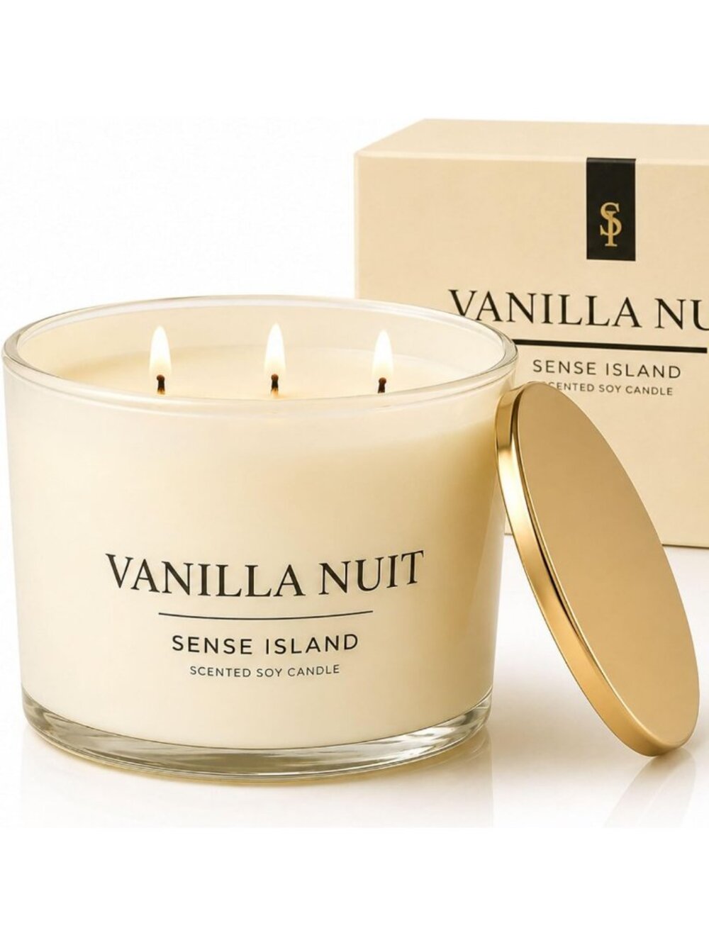 Large 3 Wick Vanilla Soy Candle - 50 Hour Burn, Natural Wax, Beige Glass, Luxury